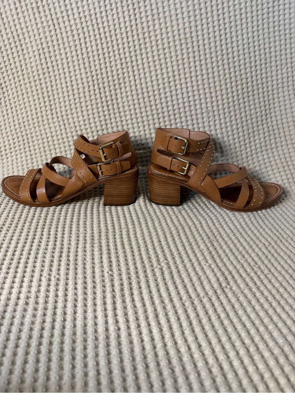 Sigerson Morrison Studded Leather Block Heel Sandals Tan Size 9B Designer Shoes - Picture 6 of 11